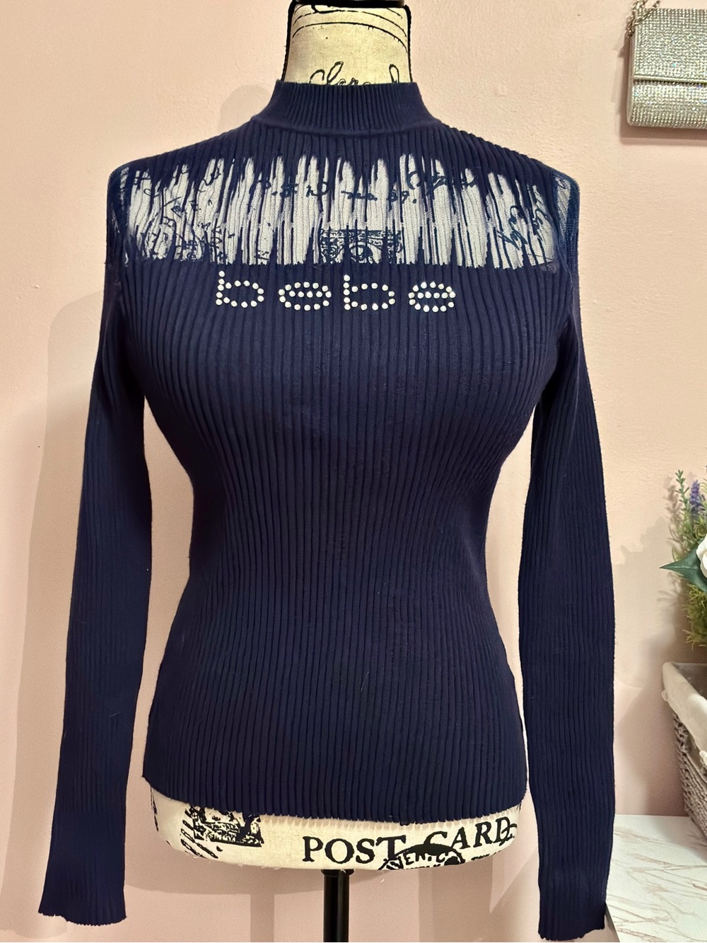 Bebe Y2K Rhinestone Ribbed Sweater Large - Picture 4 of 7